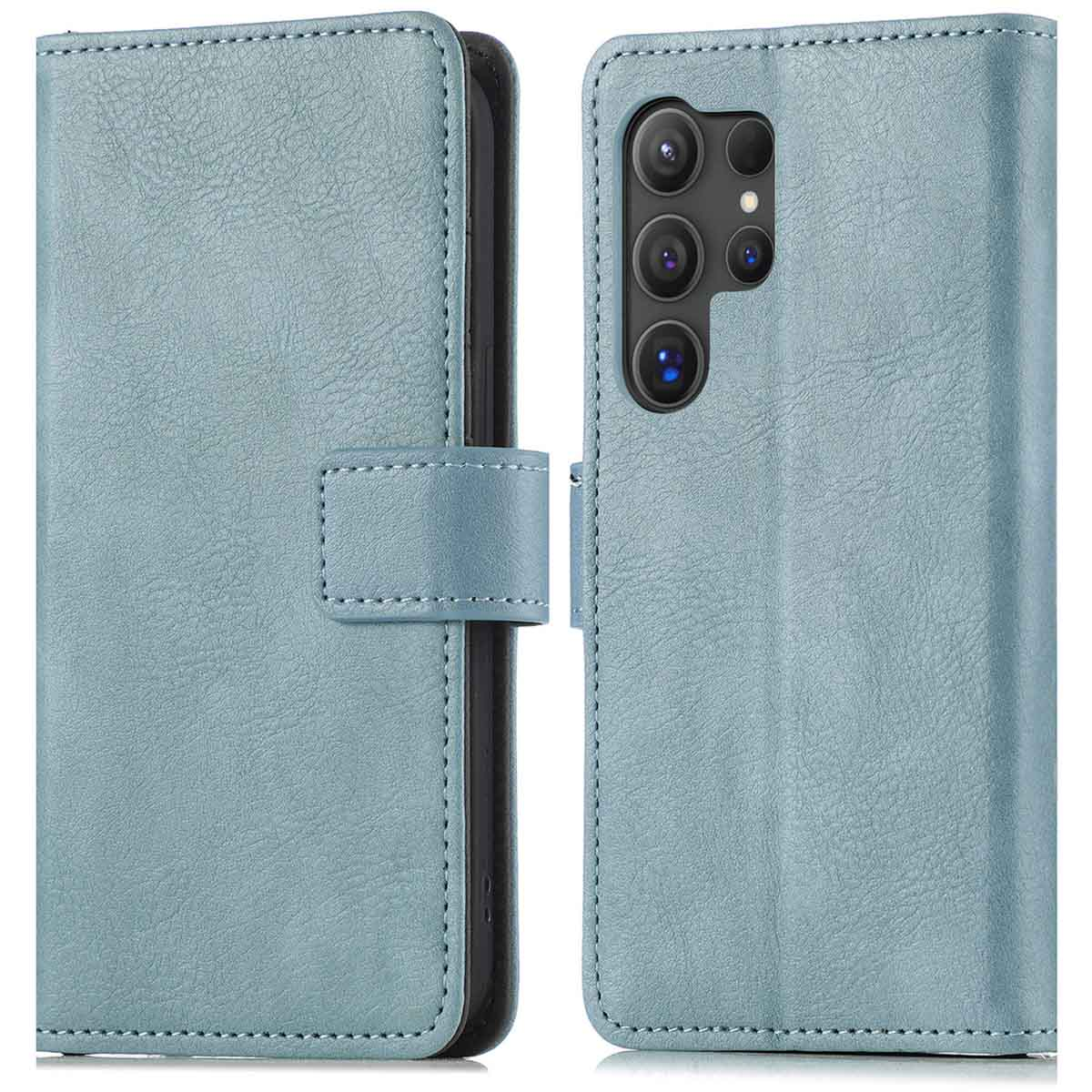 Étui de téléphone bleu ouvert. Le téléphone est à l'intérieur. Fermeture magnétique et coutures.