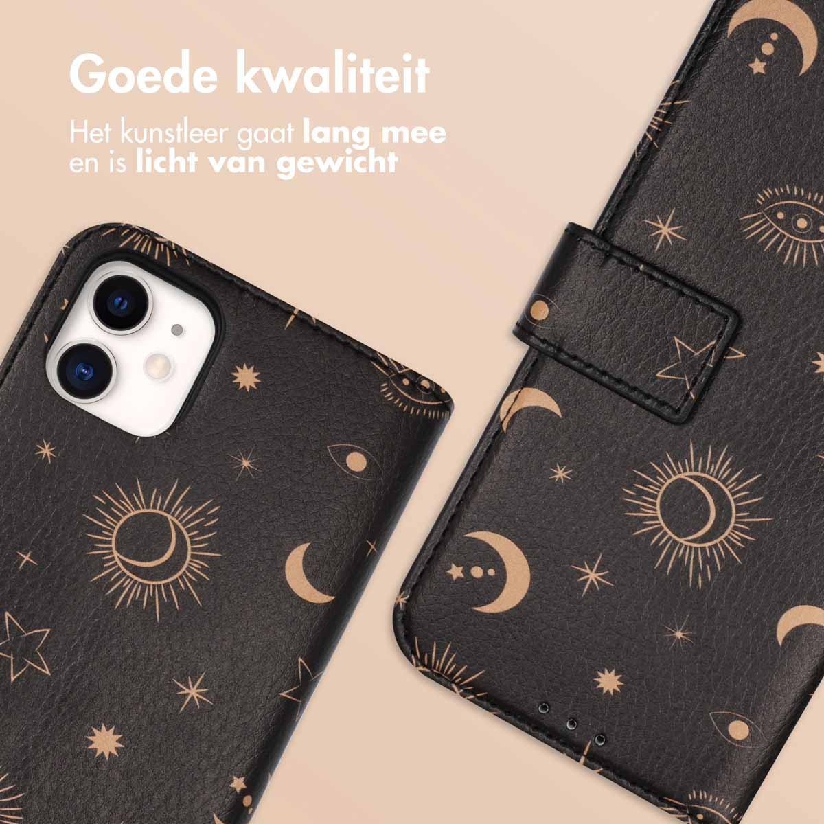 Telefoonhoesje, bruin met gouden manen en sterren. Telefoon links, open hoes rechts. Goede kwaliteit.