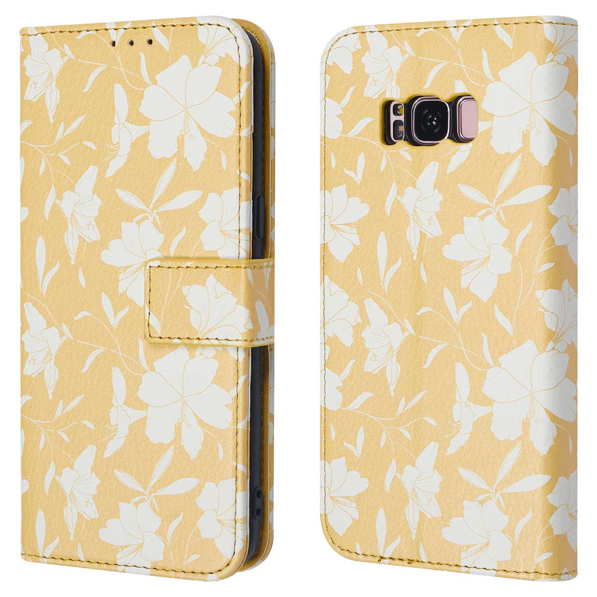 Gele telefoonhoes met wit bloemenpatroon. Het is een gesloten portemonnee-achtige hoes met stiksels.