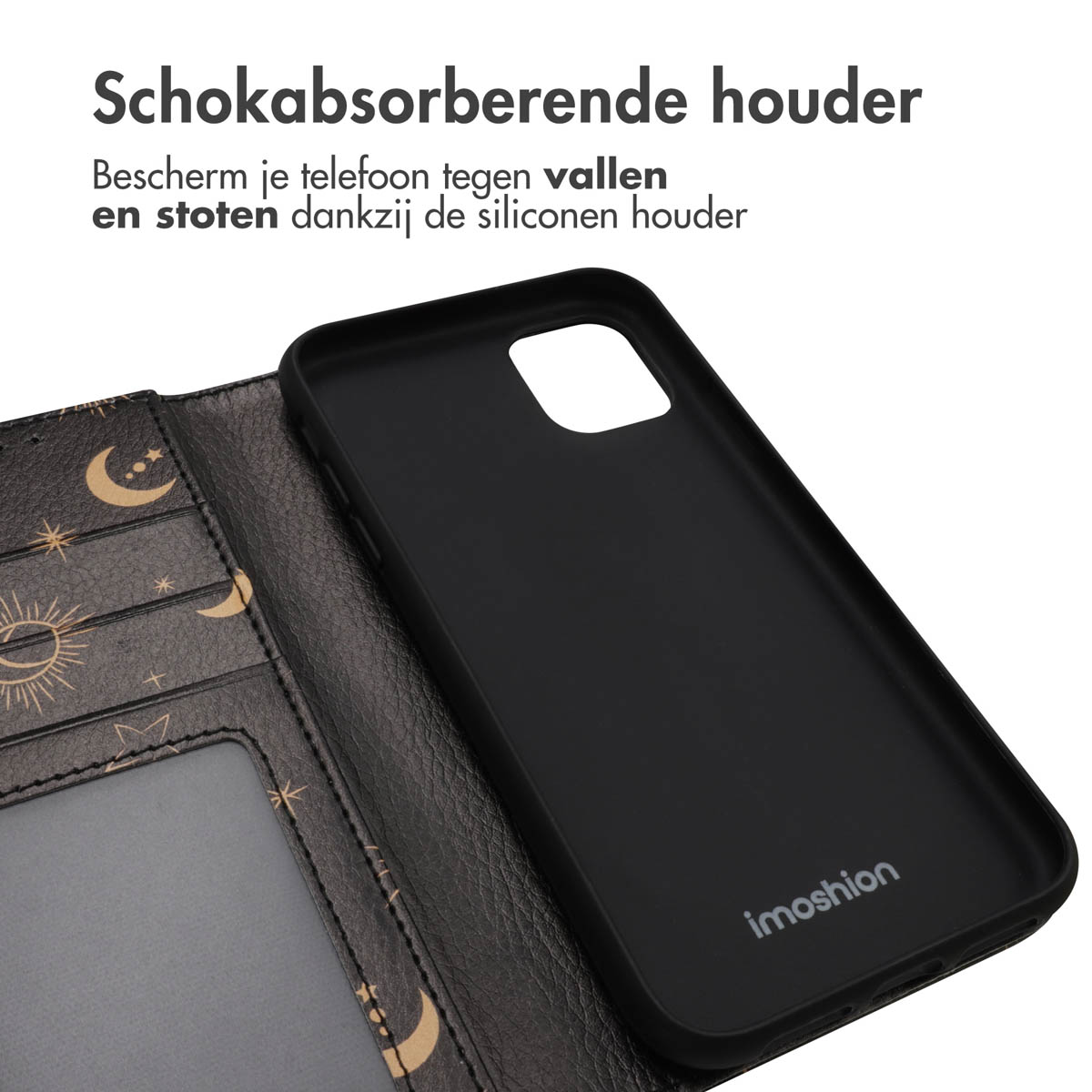Zwarte telefoonhoes met telefoon. Maanontwerp, met siliconen houder.