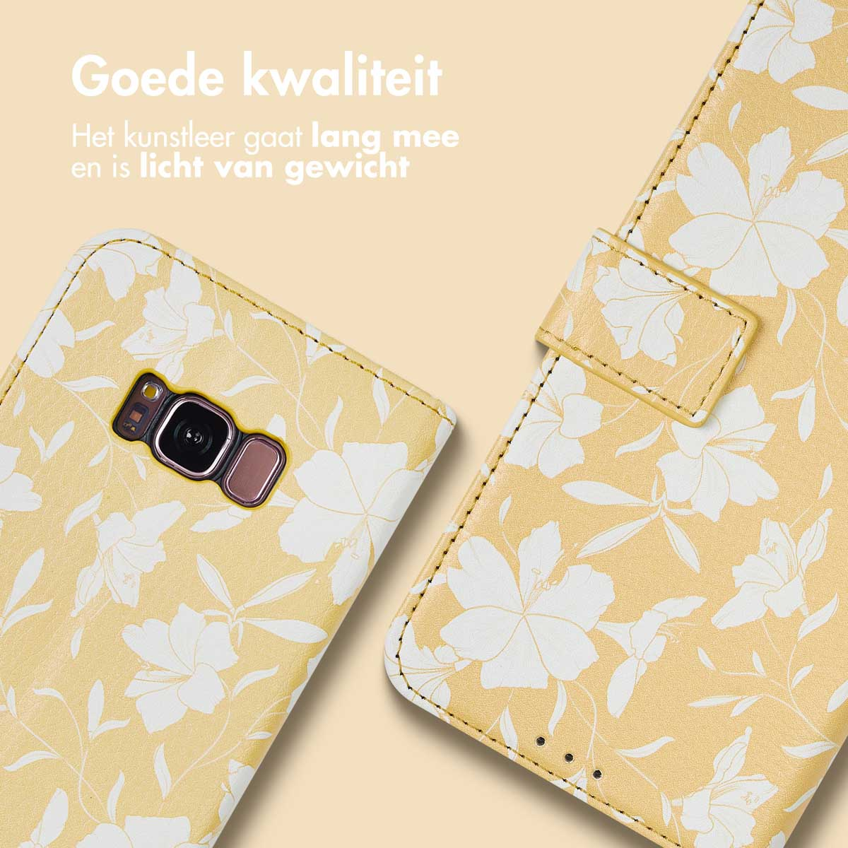 Telefoonhoesje met een geel bloemenpatroon. Gemaakt van kunstleer van goede kwaliteit.