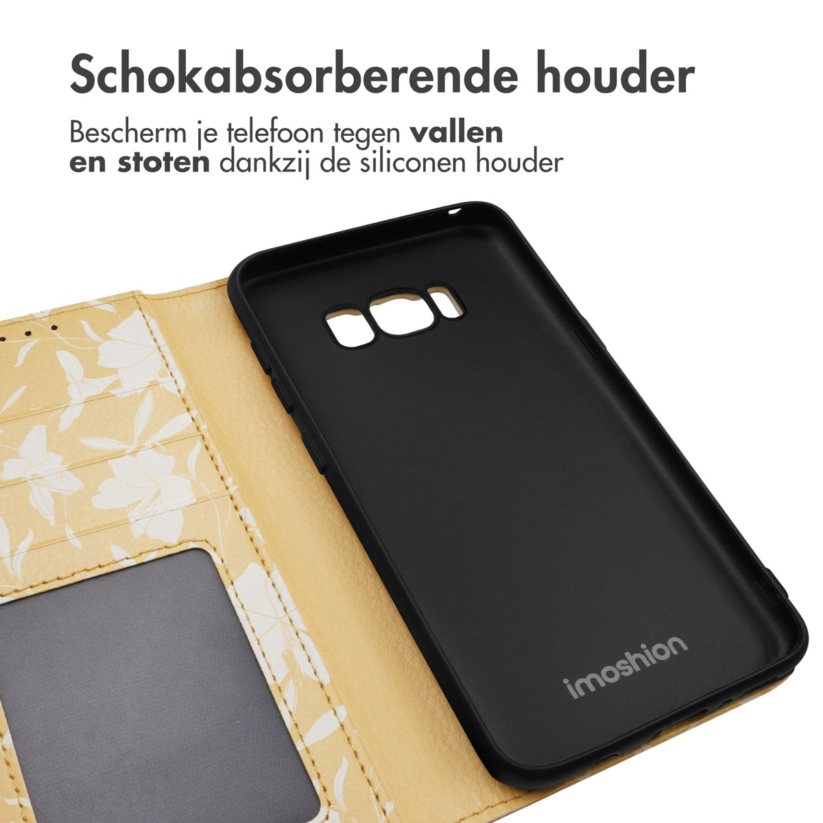 Zwarte telefoonhoes in een hoesje met bloempatroon. Tekst: 'imoshion'.