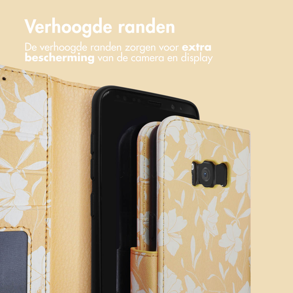 Gele bloemen telefoonportemonnee. Telefoon met zwart scherm zichtbaar. De portemonnee heeft een bloemenpatroon.