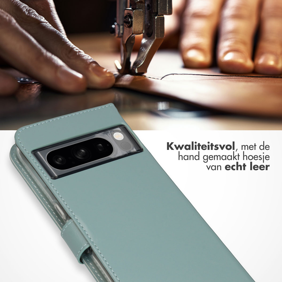 Teal leren telefoonhoes met stiksels. Tekst: 'Kwaliteitsvol, met de hand gemaakt hoesje van echt leer'.