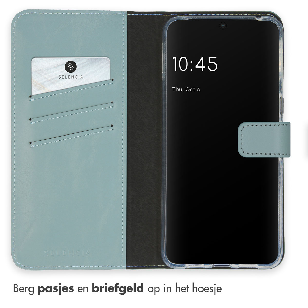Blauwe telefoonhoes met kaartsleuf en telefoon met 10:45. Kaart en telefoonhoes zijn van Selencia.