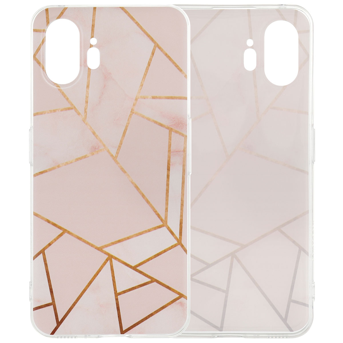 Roze telefoonhoes met gouden geometrisch ontwerp. Hoes links, telefoon rechts.