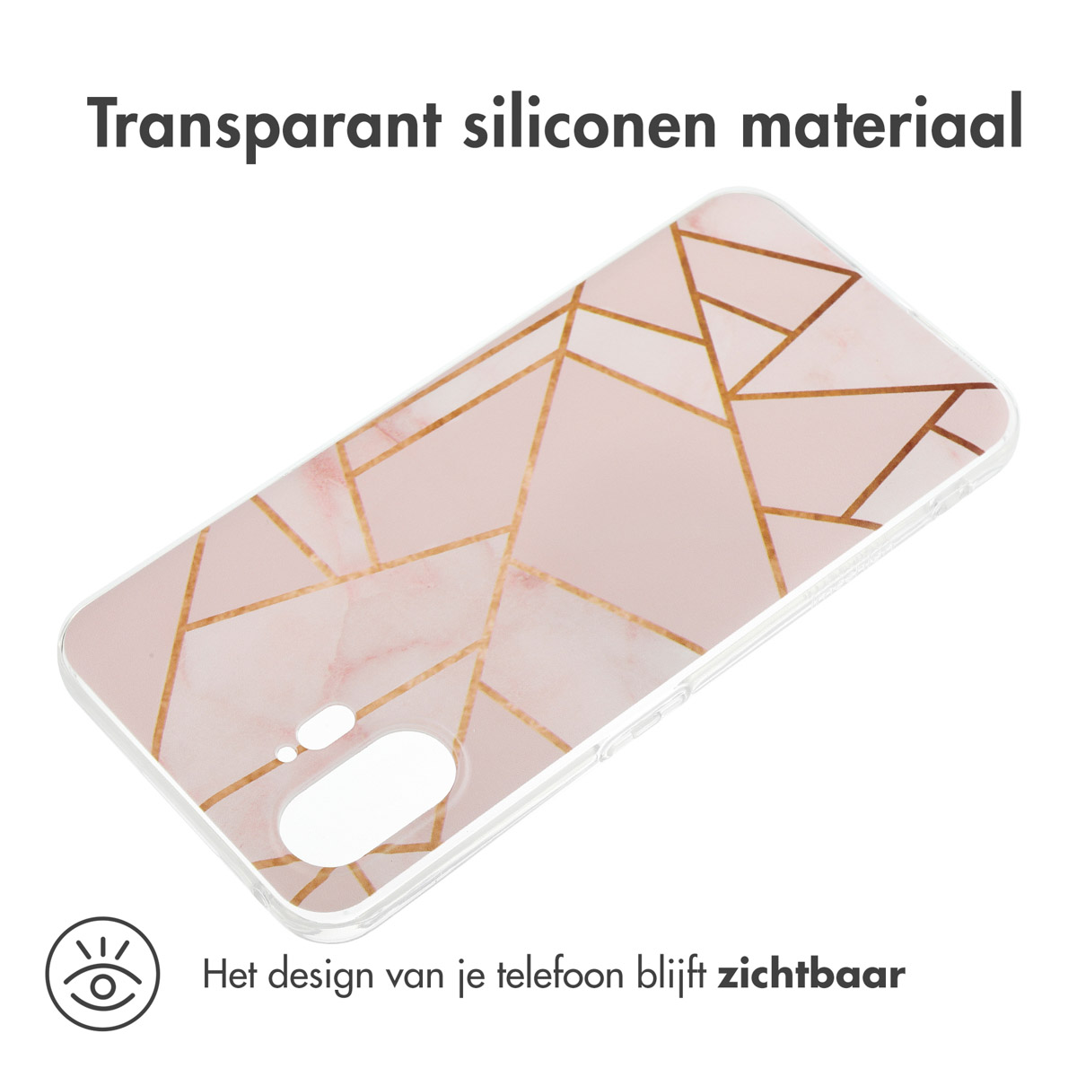 Roze marmerachtige telefoonhoes met gouden geometrische lijnen. Telefoonontwerp is zichtbaar.