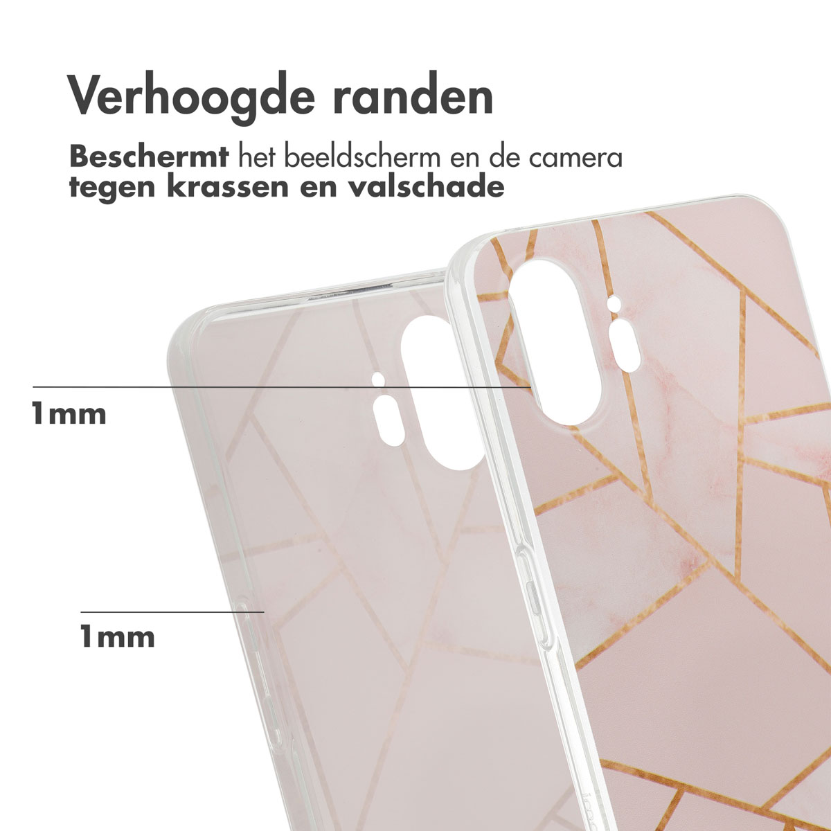Close-up van een telefoonhoesje met een marmerpatroon. De hoes beschermt het scherm.