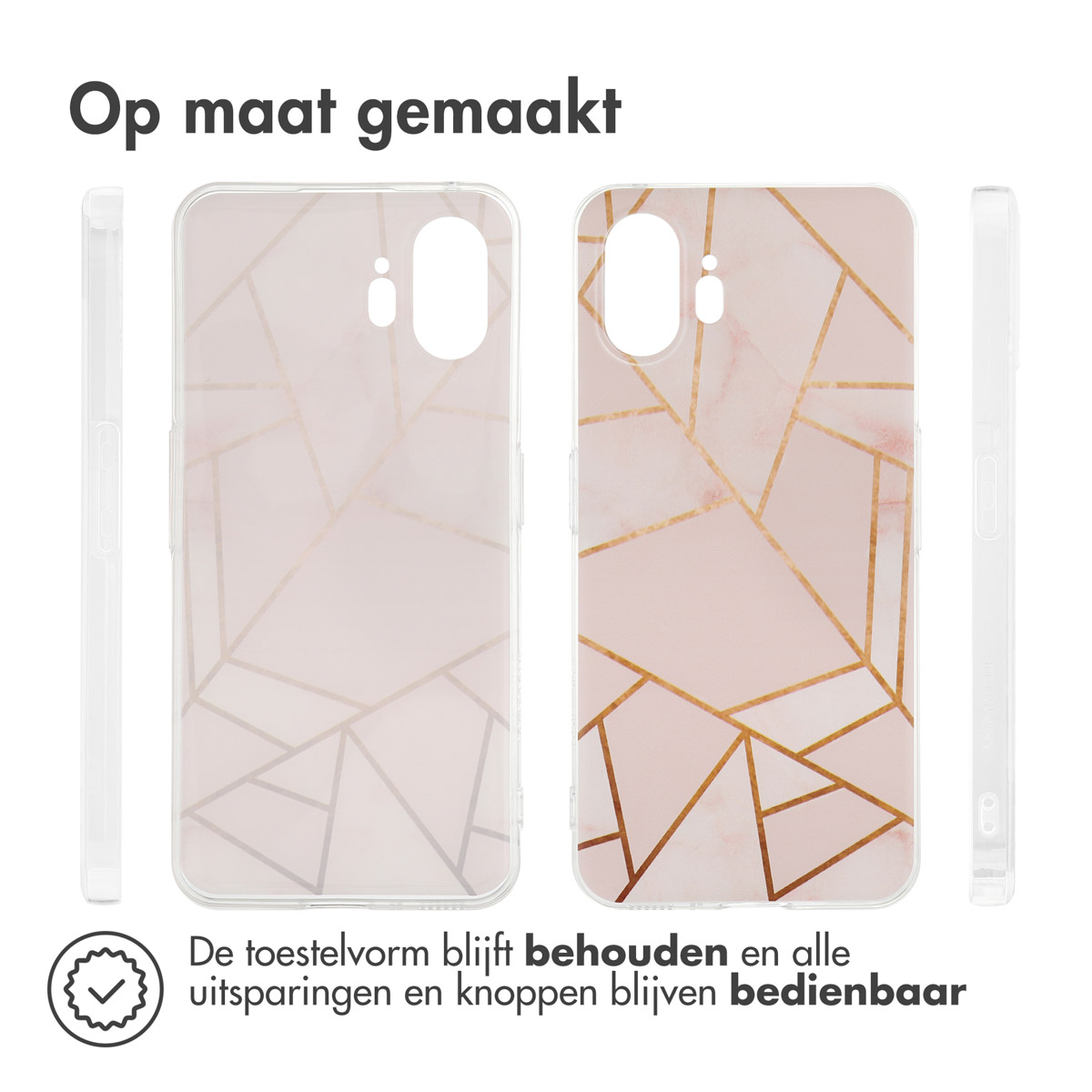 Telefoonhoesje met roze en gouden geometrisch patroon. Drie aanzichten tonen ontwerp en pasvorm.