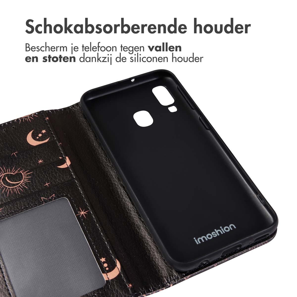 Zwarte telefoonhoes met open portemonnee. Portemonnee-interieur met kaartsleuf. Zwarte telefoonhoes zichtbaar.