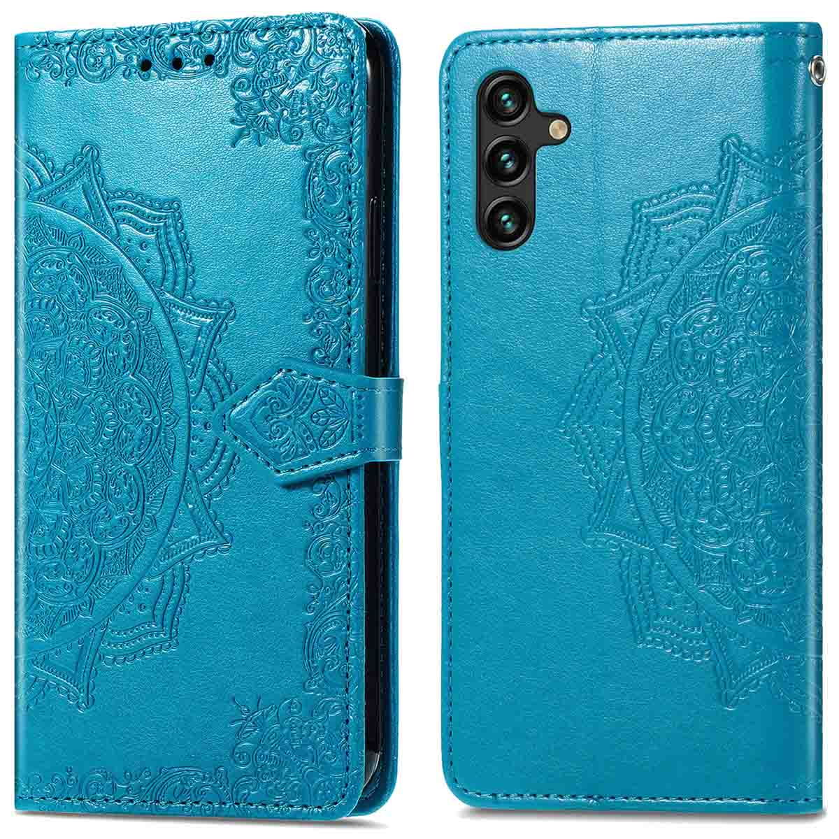 Blauwe telefoonhoes met bloemenontwerp, open, met een blauwe telefoon met bloemenontwerp.