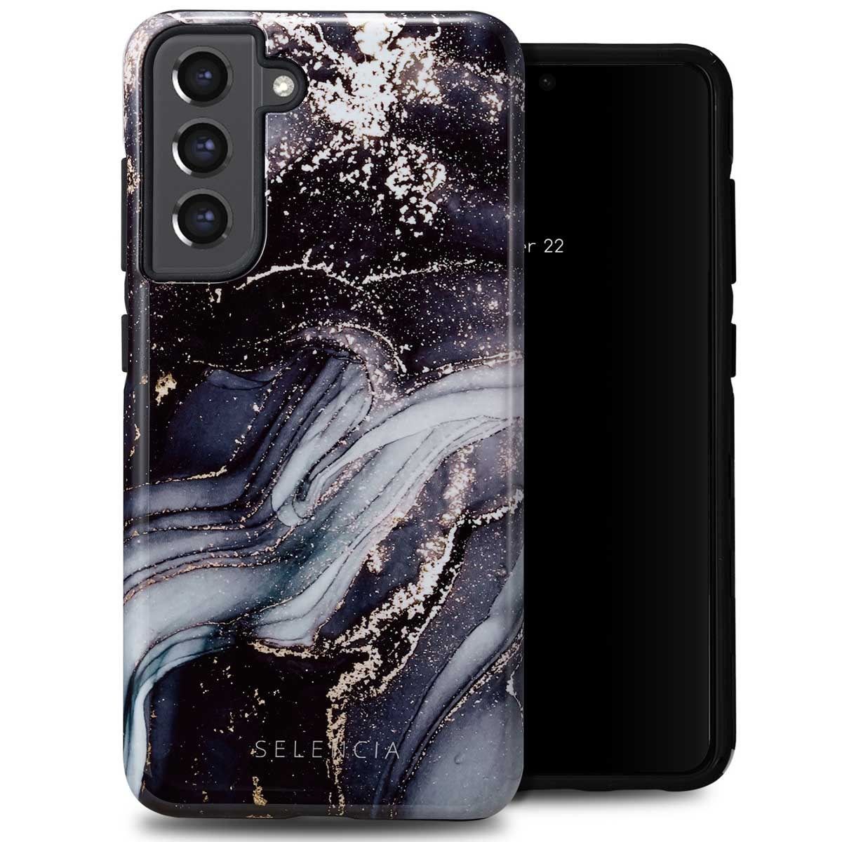 Telefono in una custodia con motivo marmoreo nero, oro e bianco. Il telefono è mostrato.
