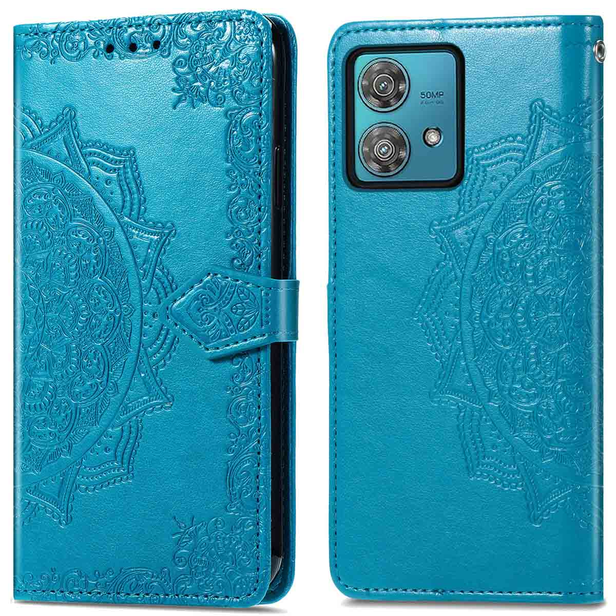 Coque de téléphone bleue, ouverte montrant le téléphone. Motif floral en relief. Deux côtés montrent le téléphone et l'étui avec bouton et caméra.