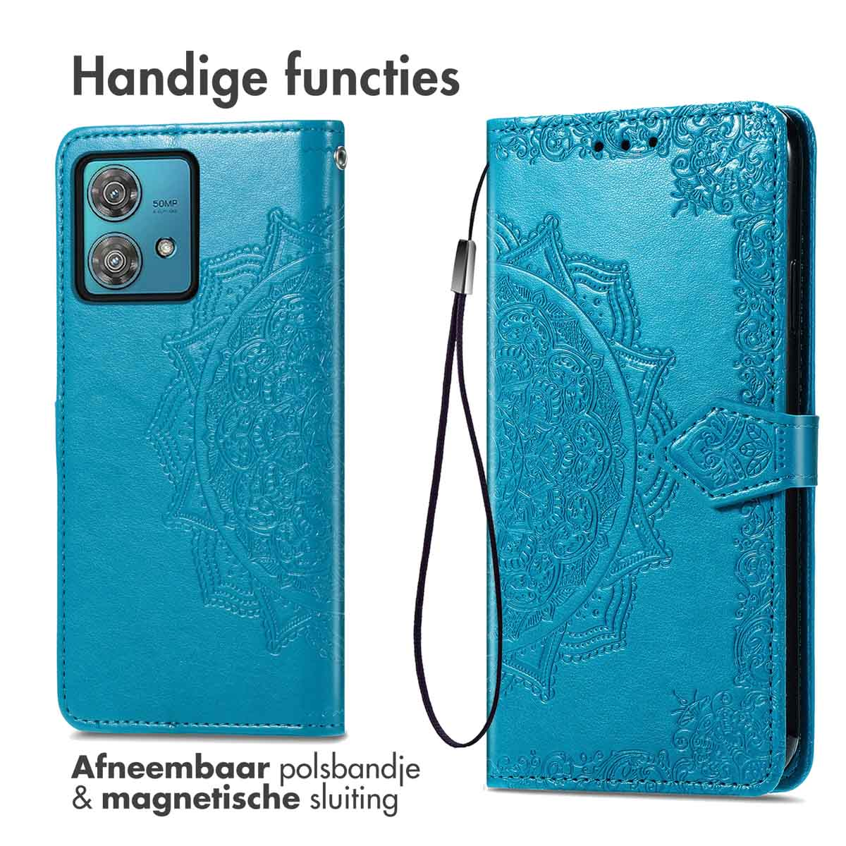 Étui de téléphone turquoise, avec un motif de mandala. Il a une dragonne amovible et une fermeture magnétique.