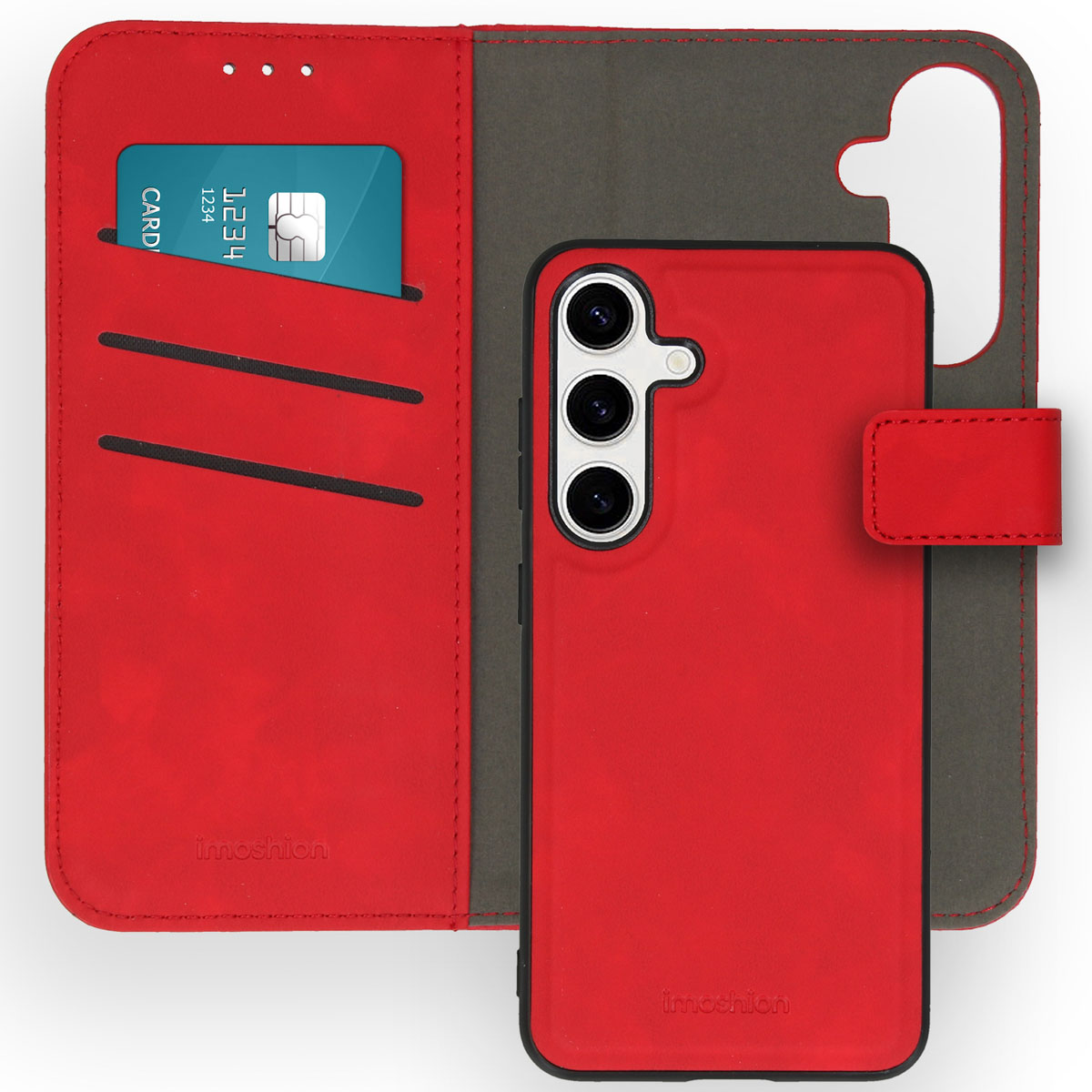 Étui portefeuille de téléphone rouge. Ouvert, montrant une carte de crédit et un téléphone. Rouge.