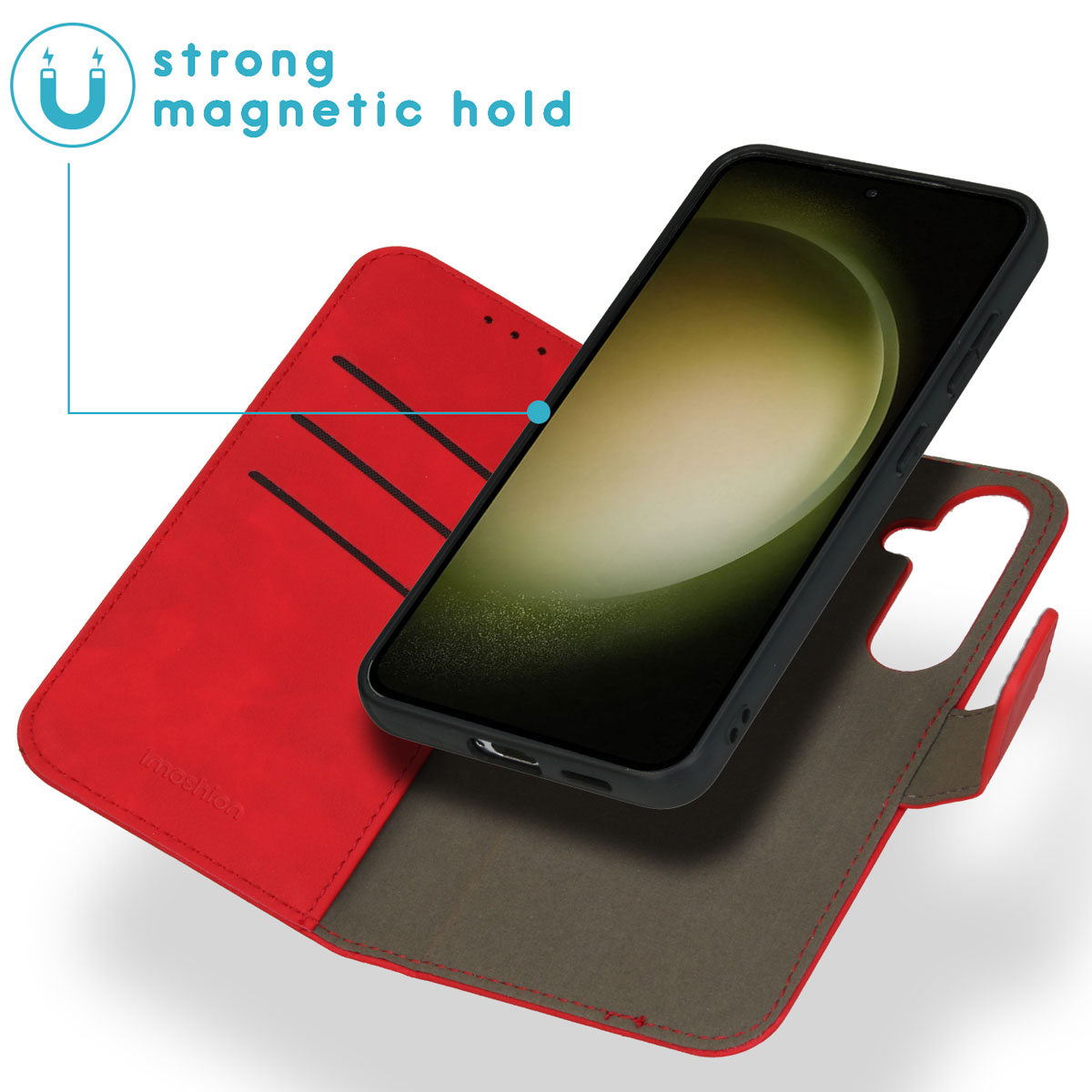 Étui de téléphone rouge avec un téléphone noir à l'intérieur. Le texte dit 'forte tenue magnétique'.