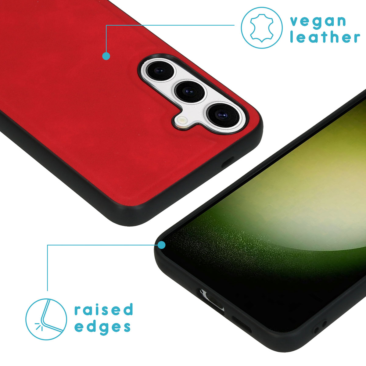 Coque de téléphone en cuir végétal rouge. Les bords surélevés sont visibles. La caméra du téléphone est visible.