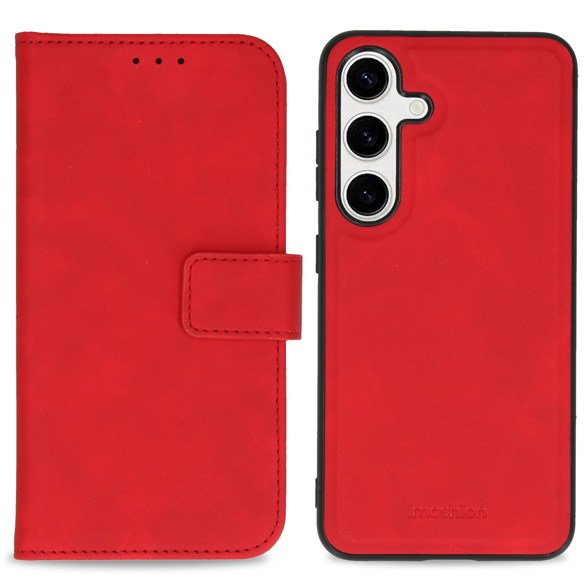 Coque de téléphone rouge avec rabat. Le téléphone est à droite. Le rabat est ouvert.
