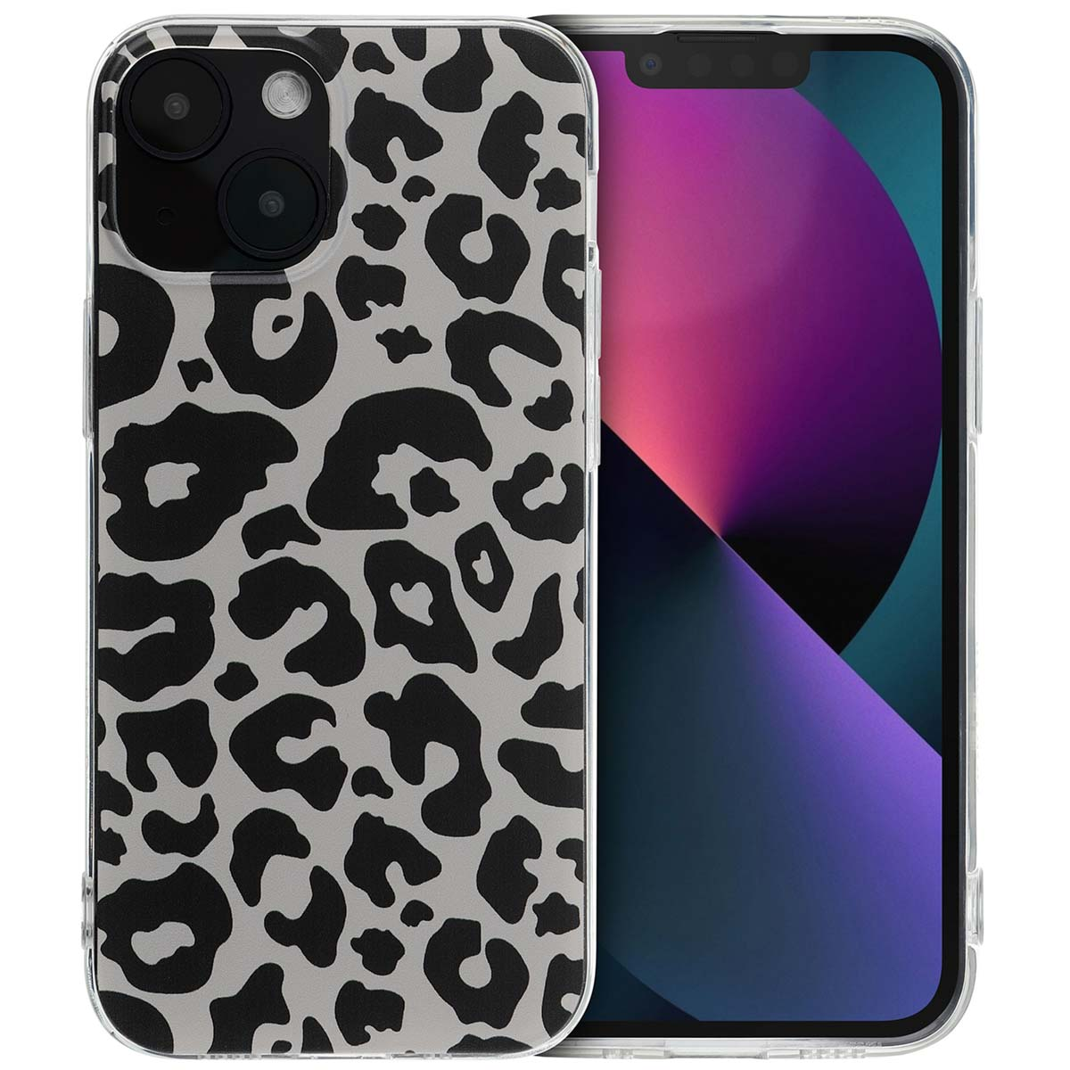 Een iPhone met een luipaardprint hoesje. De telefoon staat op een witte achtergrond.