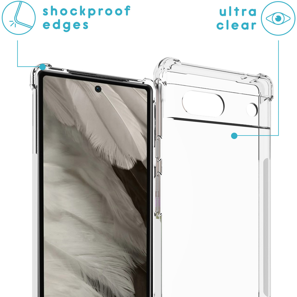 Transparante telefoonhoes met schokbestendige randen. Telefoon en zijkanten zichtbaar.