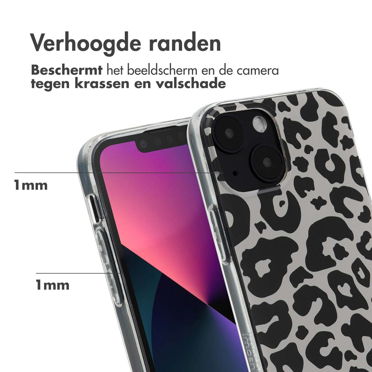 Telefoon in een luipaardprint hoesje met verhoogde randen. Tekst luidt, beschermt scherm en camera.