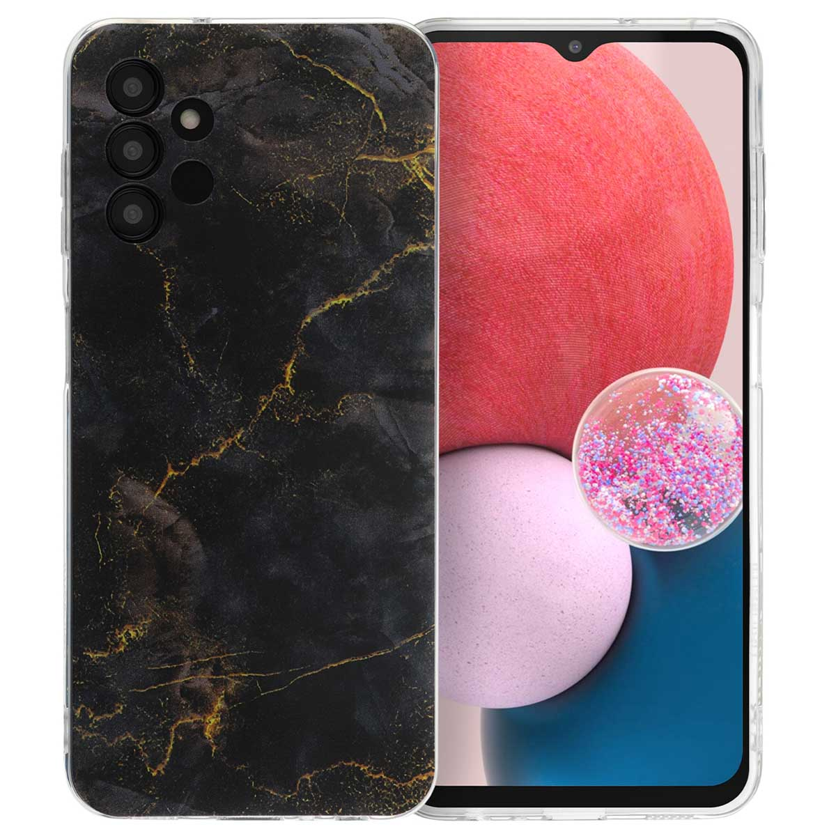 Zwart marmeren telefoonhoesje met gouden aderen. De telefoon is zichtbaar. Er is een bol met roze confetti.