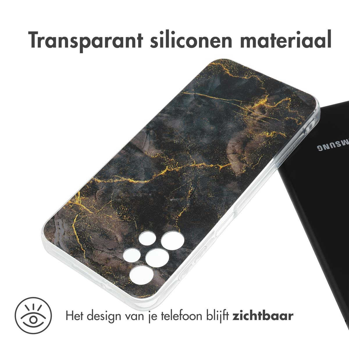 Transparante telefoonhoes met zwart en goud marmer design. Telefoon zichtbaar door hoes. Achter- en zijaanzicht van de hoes.