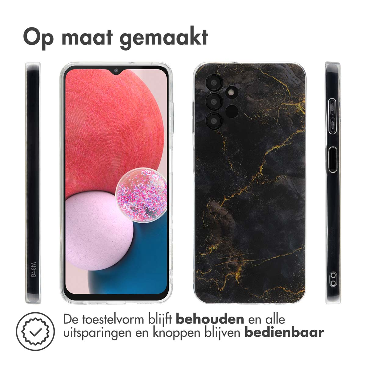 Transparante telefoonhoes links. Zwarte telefoonhoes met gouden aderen rechts. Telefoon zichtbaar.