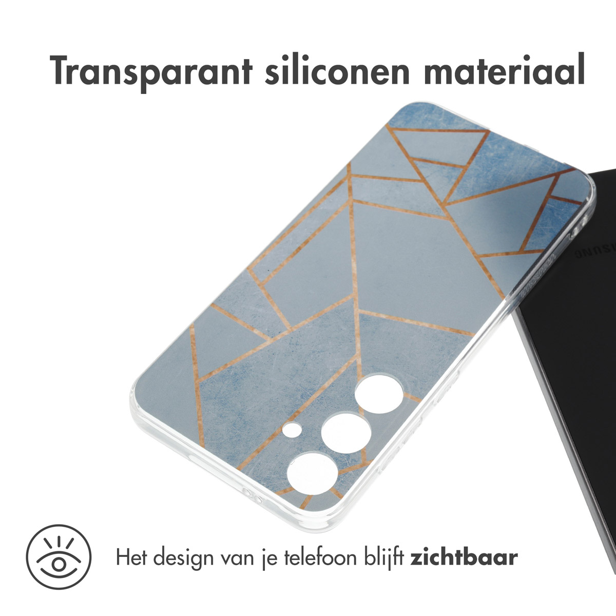 Custodia trasparente con un design geometrico. Il telefono è all'interno, design visibile.