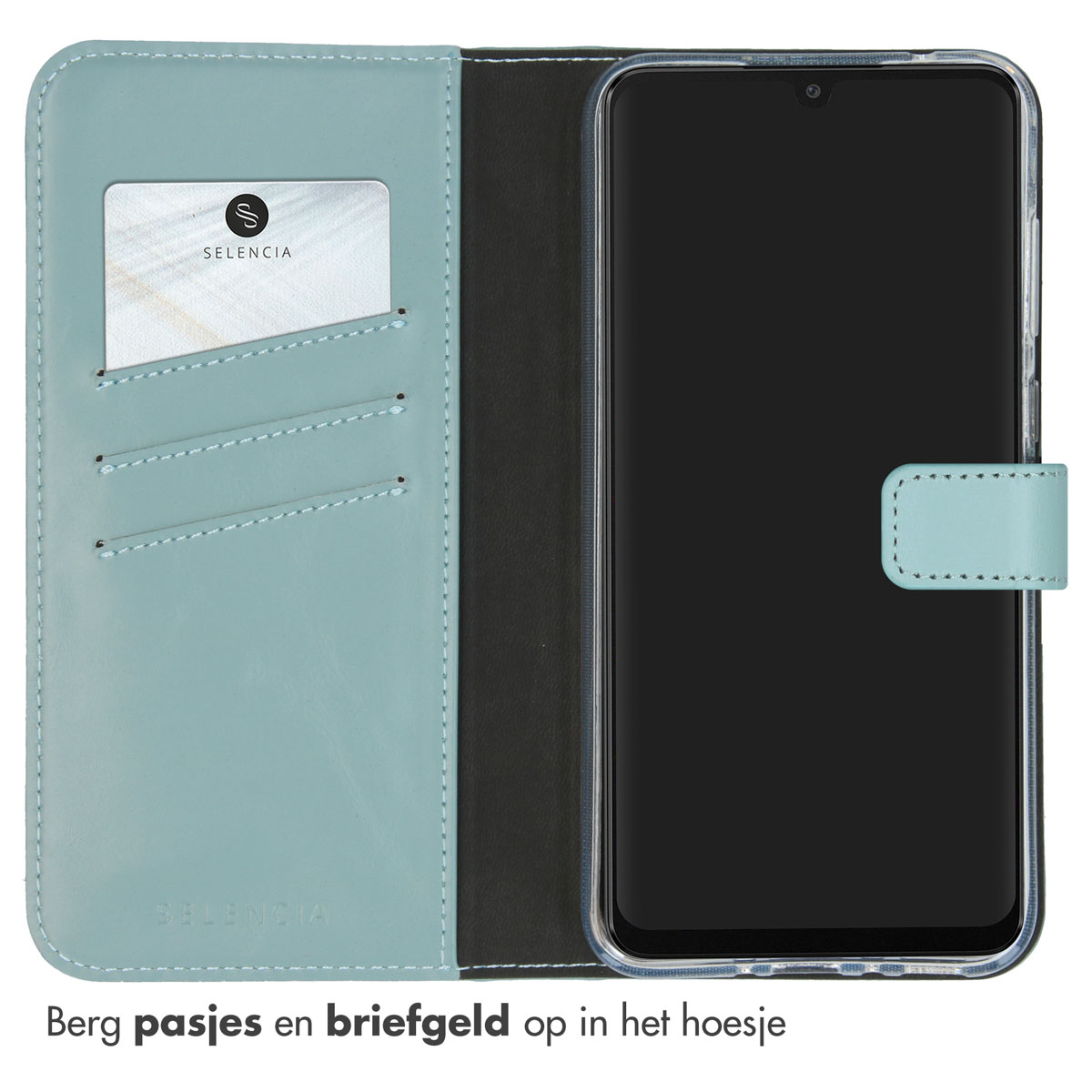 Telefoon in een blauwe hoes. De hoes heeft kaartsleuven. De hoes is open.