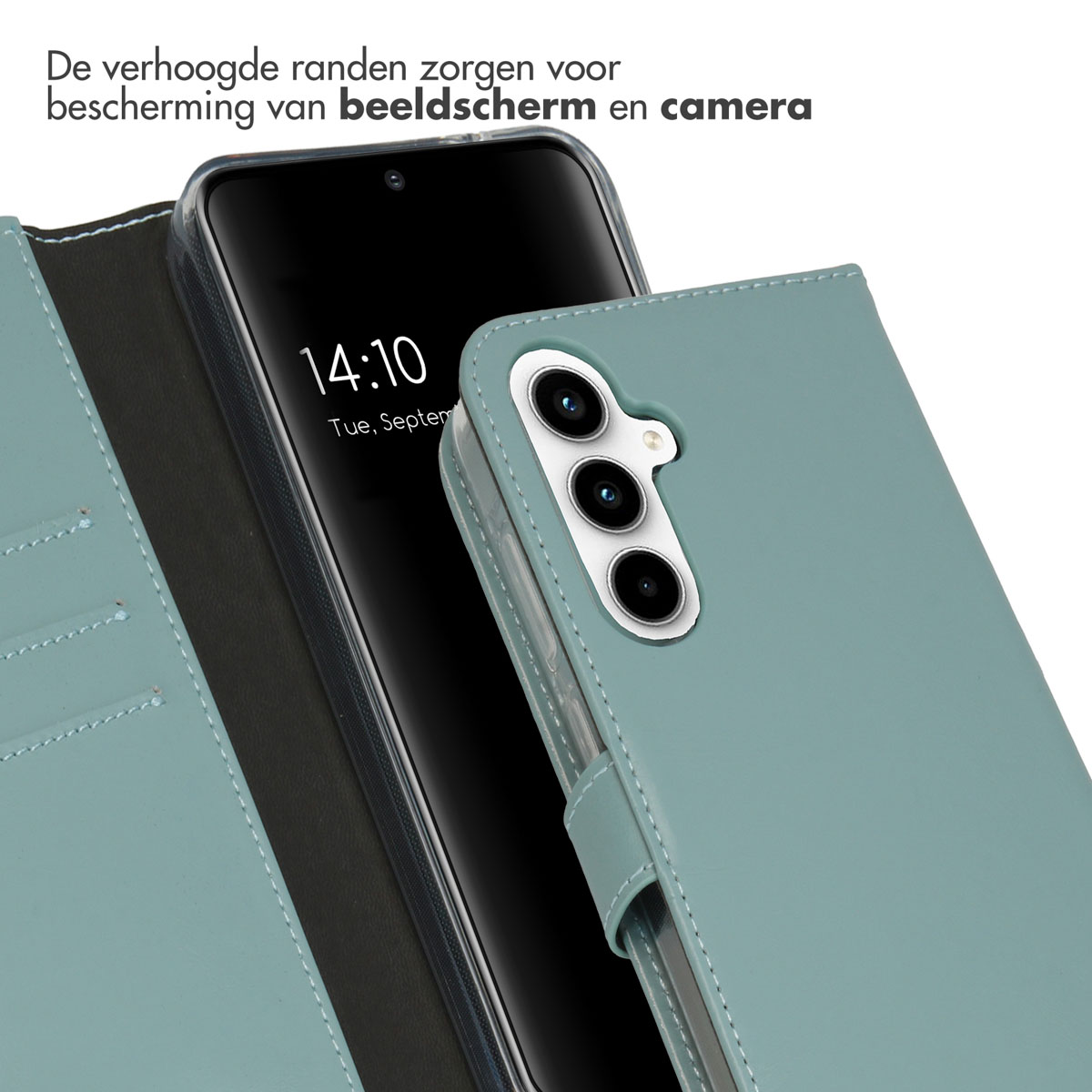 Blauwe telefoonhoes met telefoon. Verhoogde randen beschermen scherm en camera.