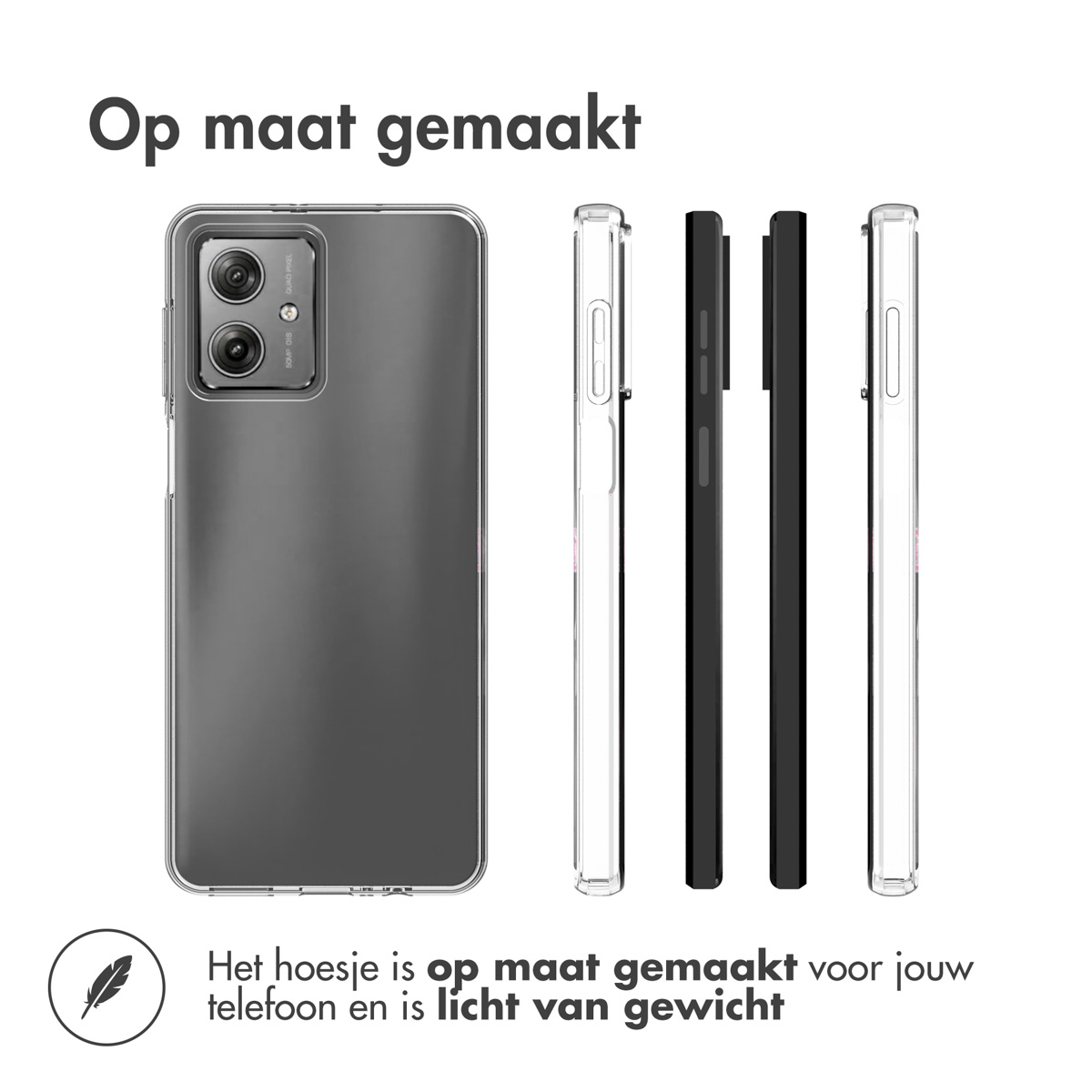Custodia per telefono con design trasparente e viste laterali. Vengono visualizzati modelli di telefono neri e trasparenti.