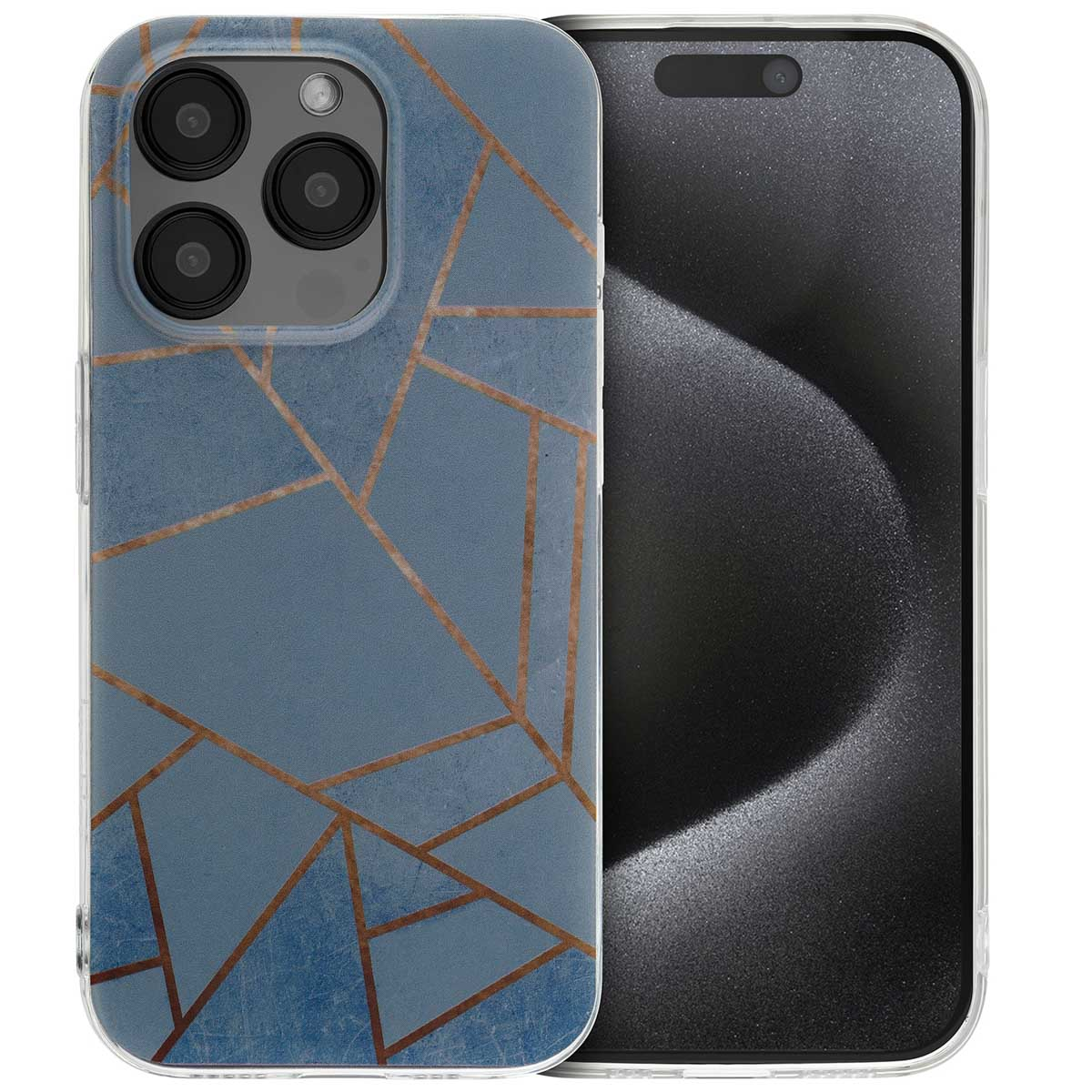 Een blauwe telefoonhoes met een geometrisch patroon. De telefoon zit erin.