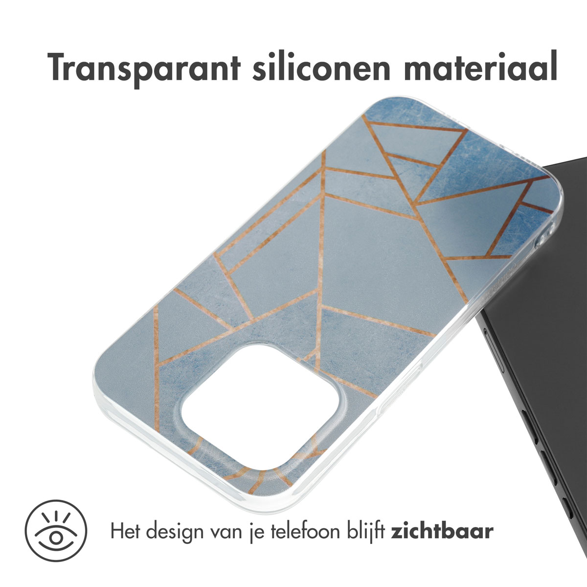 Transparante telefoonhoes met blauw en goud geometrisch ontwerp. Telefoon zichtbaar. Tekst: Transparant.