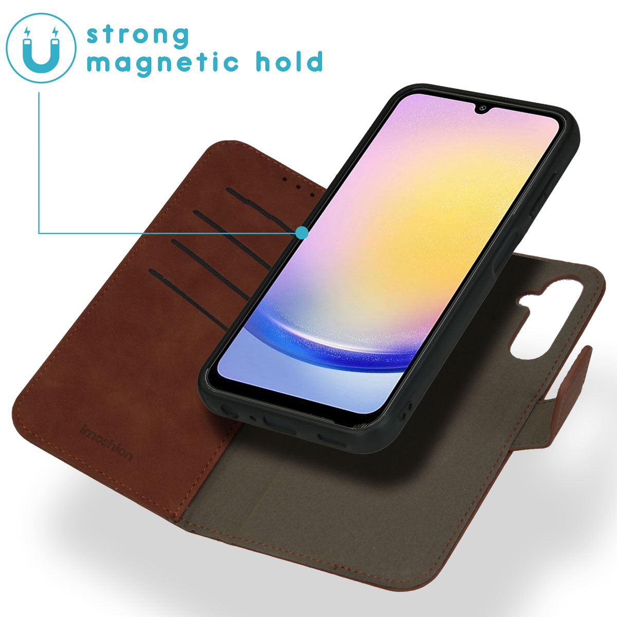 Bruine telefoonhoes met een zwarte telefoon erin. De tekst zegt 'sterke magnetische grip'.