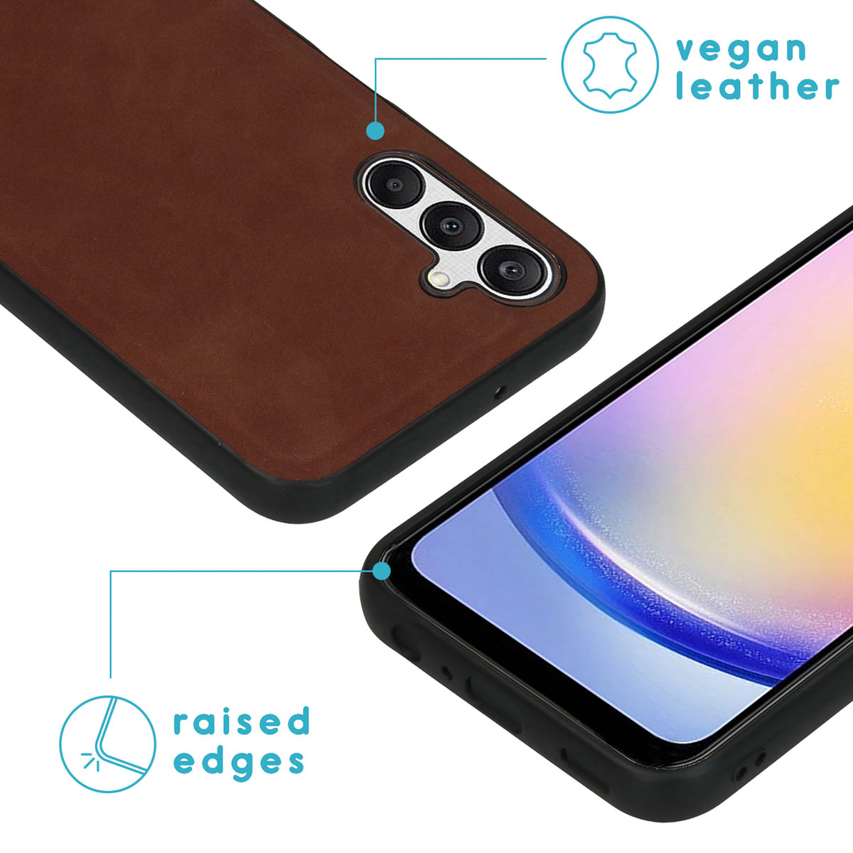 Close-up van een telefoonhoesje met verhoogde randen en een telefoon. Tekst luidt: vegan leer en verhoogde randen.