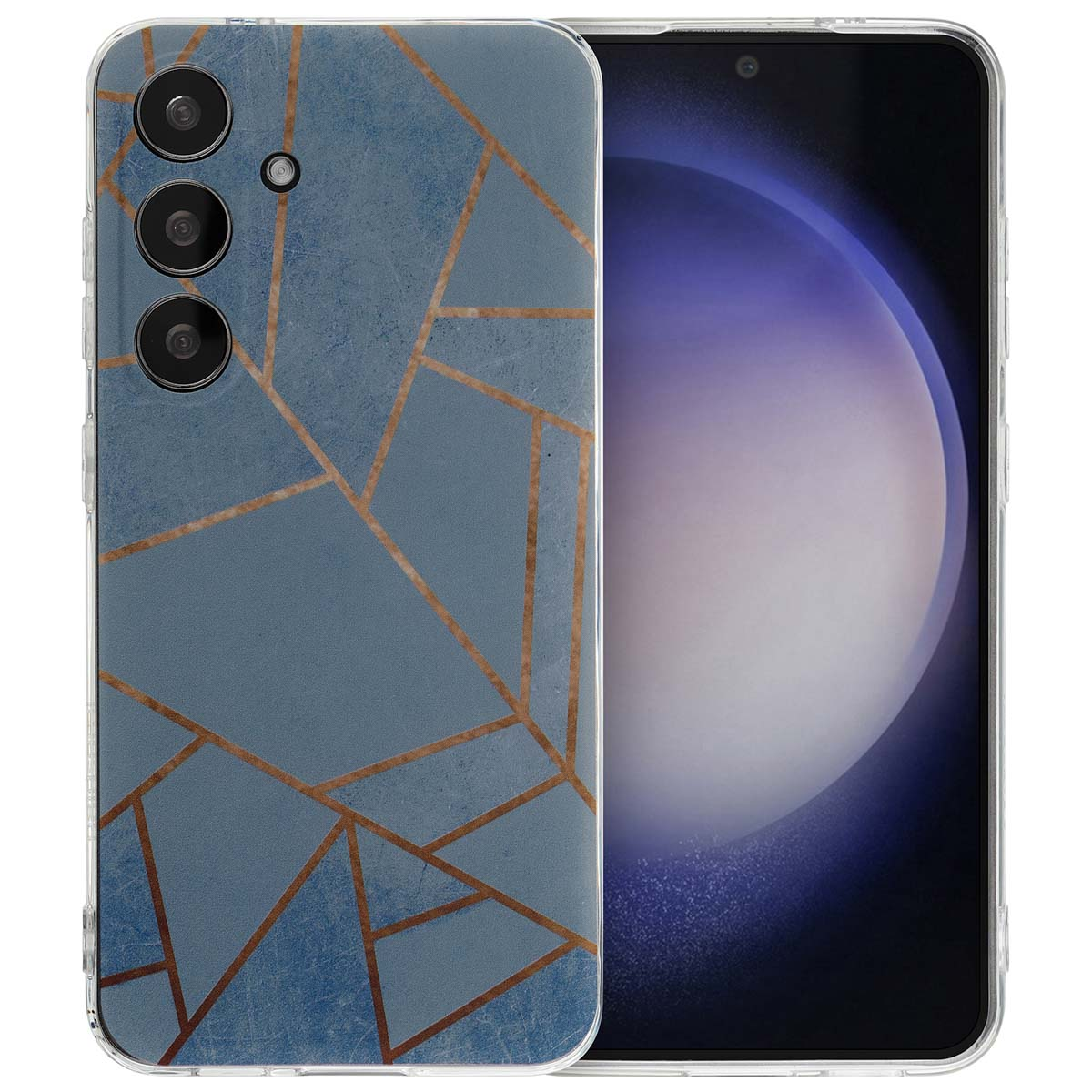 Blauw en goud geometrisch ontworpen telefoonhoes. Telefoon zit in de hoes, en zijkanten zijn zichtbaar.