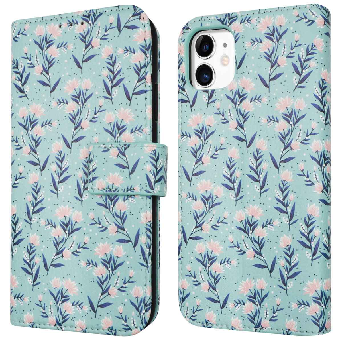 Telefoonhoesje met bloemenpatroon, lichtblauwe achtergrond, roze bloemen en groene bladeren.