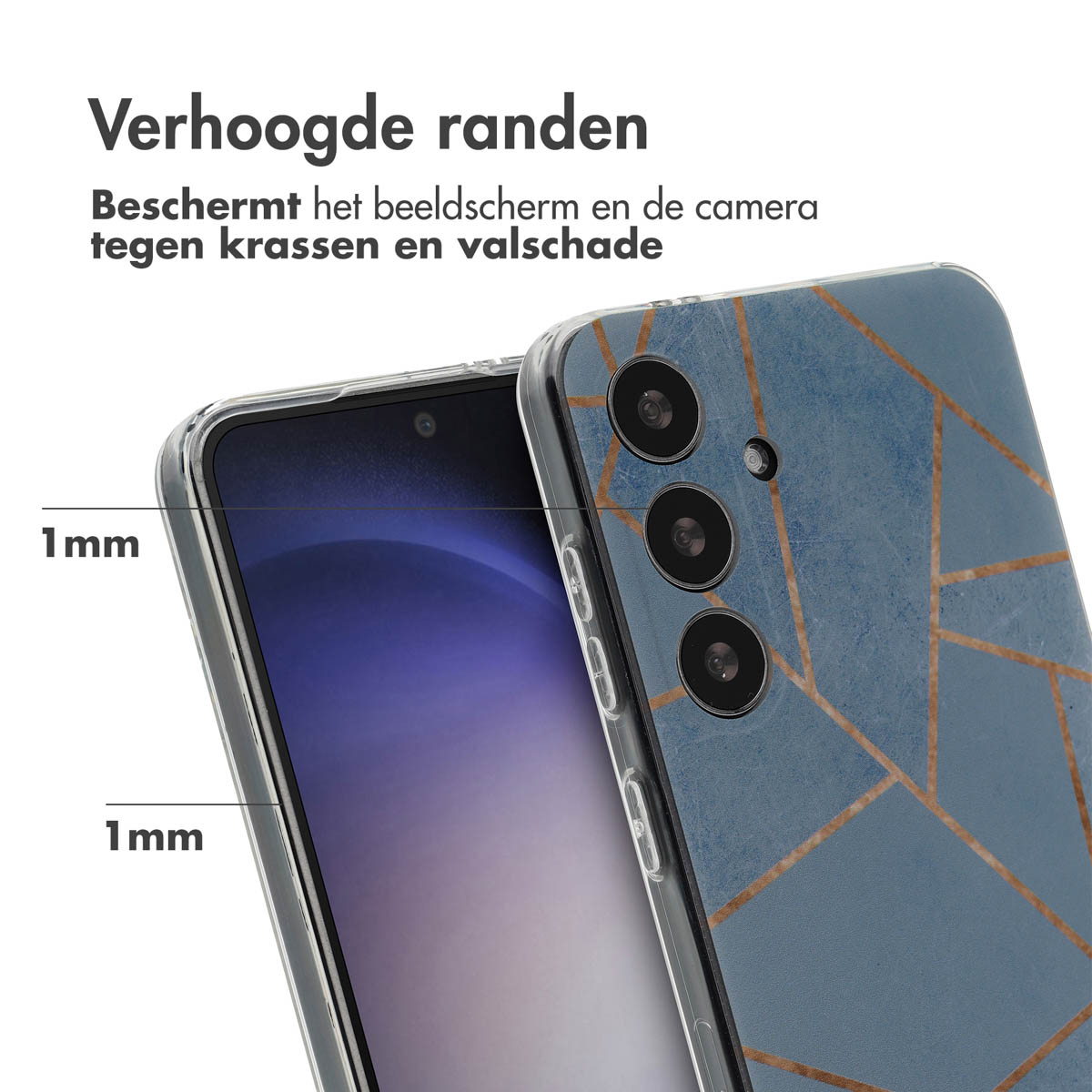 Een telefoonhoesje met een blauw marmerpatroon. Het telefoonscherm is zichtbaar met een beschermende rand.