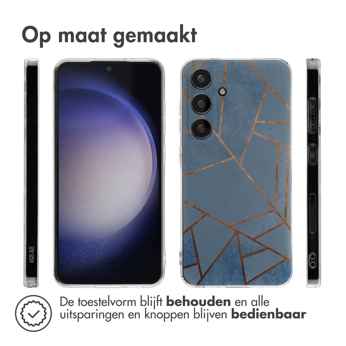 Telefoonhoes met een geometrisch ontwerp op de achterkant. Telefoon rechts, met zijaanzichten.