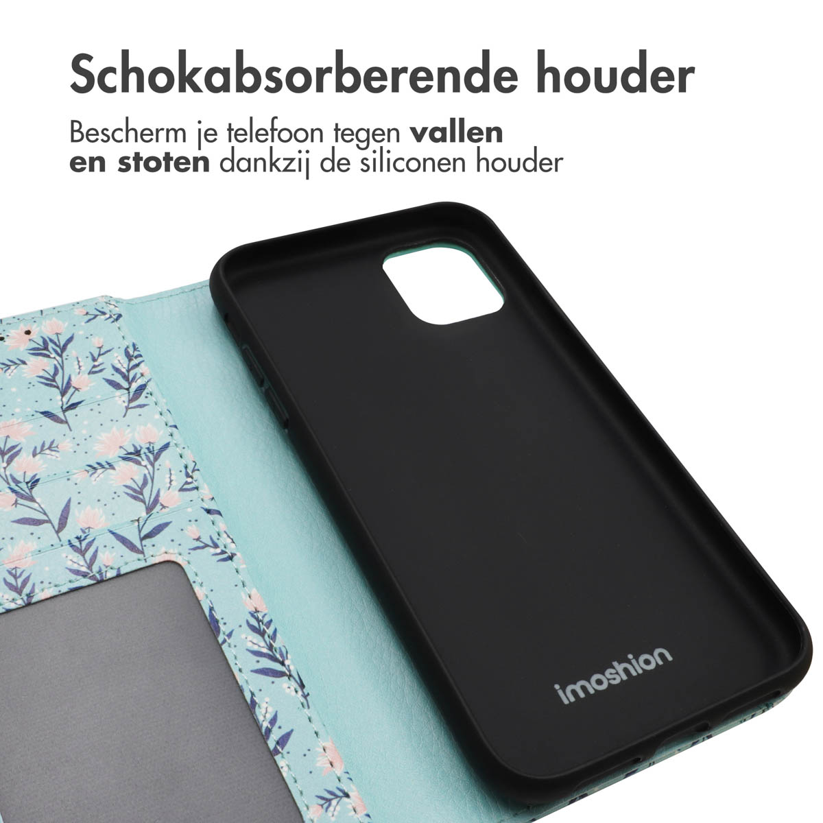 Zwarte telefoonhoesje met bloemenontwerp. Opengeklapt om telefoon en kaartsleuf te tonen.