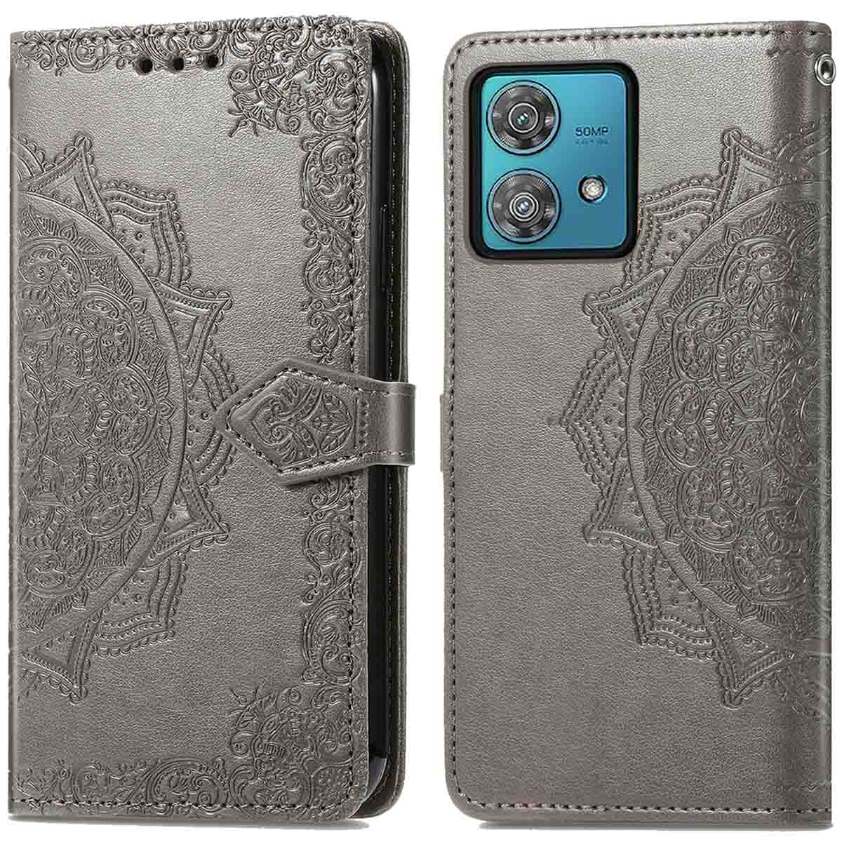 Coque de téléphone grise ouverte. Mandala sur la coque. Téléphone à l'intérieur. Fermeture visible.