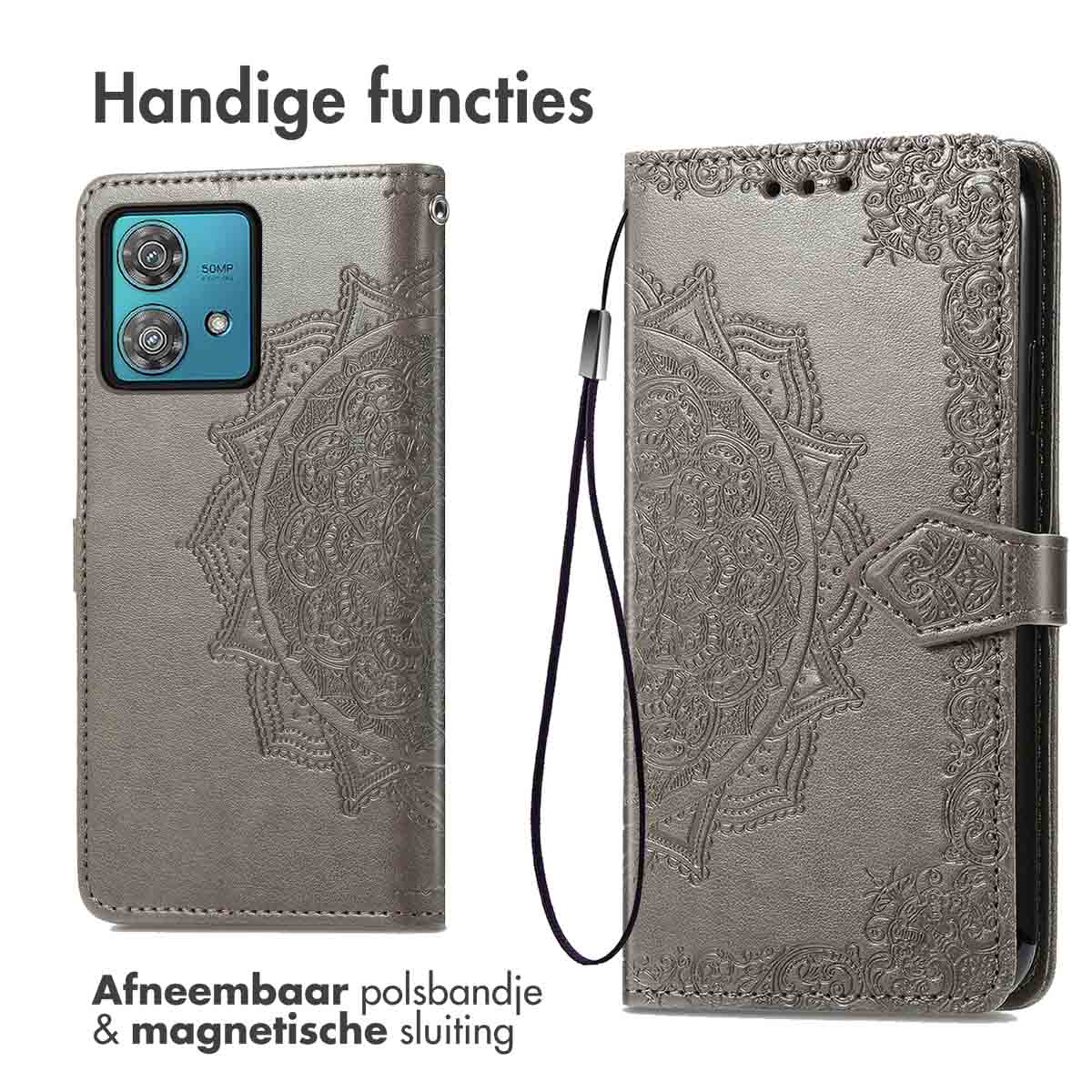 Coque de téléphone grise, ouverte montrant le téléphone. Motif mandala en relief. Dragonne amovible et fermeture magnétique.