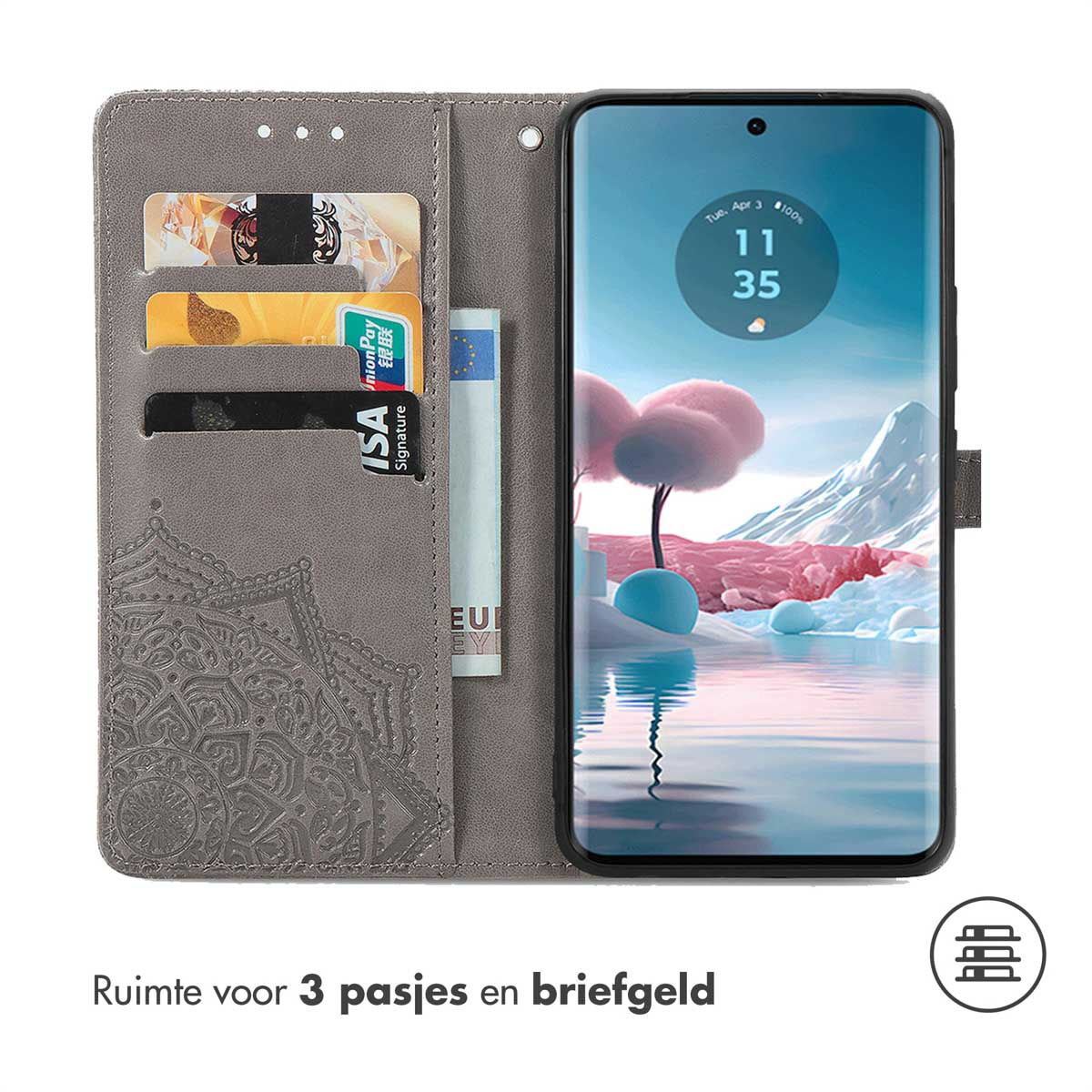 Étui gris ouvert avec 3 emplacements pour cartes, de l'argent et un téléphone avec un écran coloré. Texte : espace pour 3 cartes.