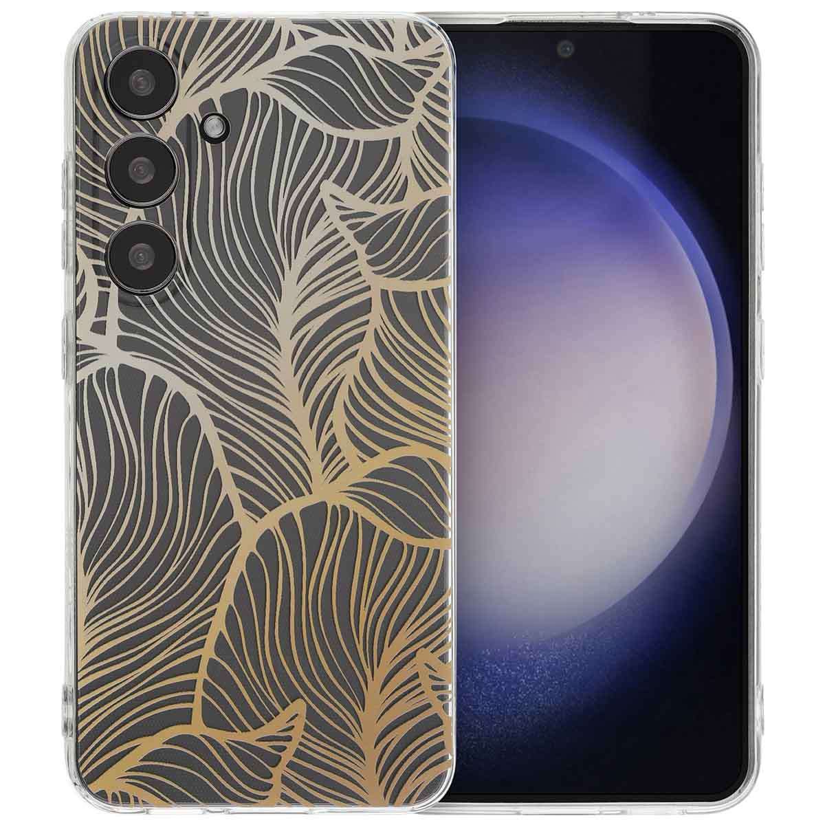 Telefoonhoesje met een gouden blad design op een donkere achtergrond. Het scherm van de telefoon is zichtbaar.