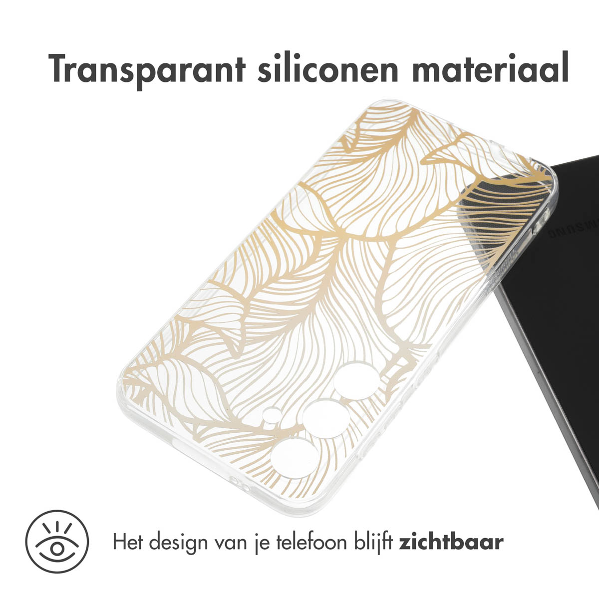 Transparant telefoonhoesje met een goudkleurig bladontwerp. De telefoon zit in de hoes. Het ontwerp is zichtbaar.
