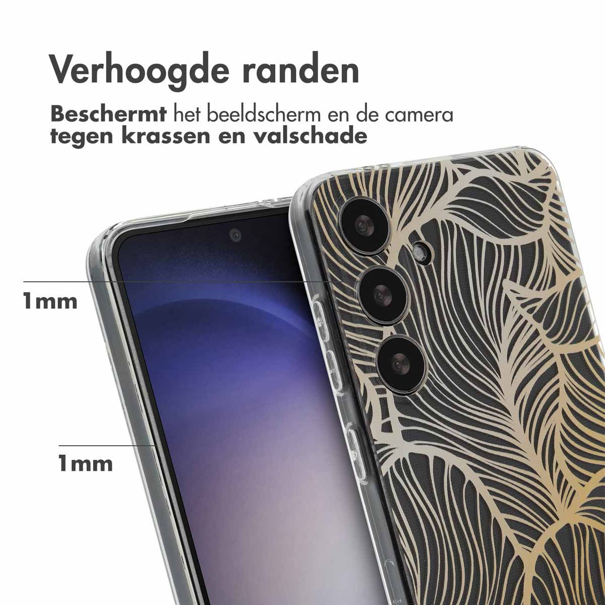 Een telefoon in een doorzichtige hoes. De hoes heeft een gouden bladerenpatroon en het scherm is zichtbaar.