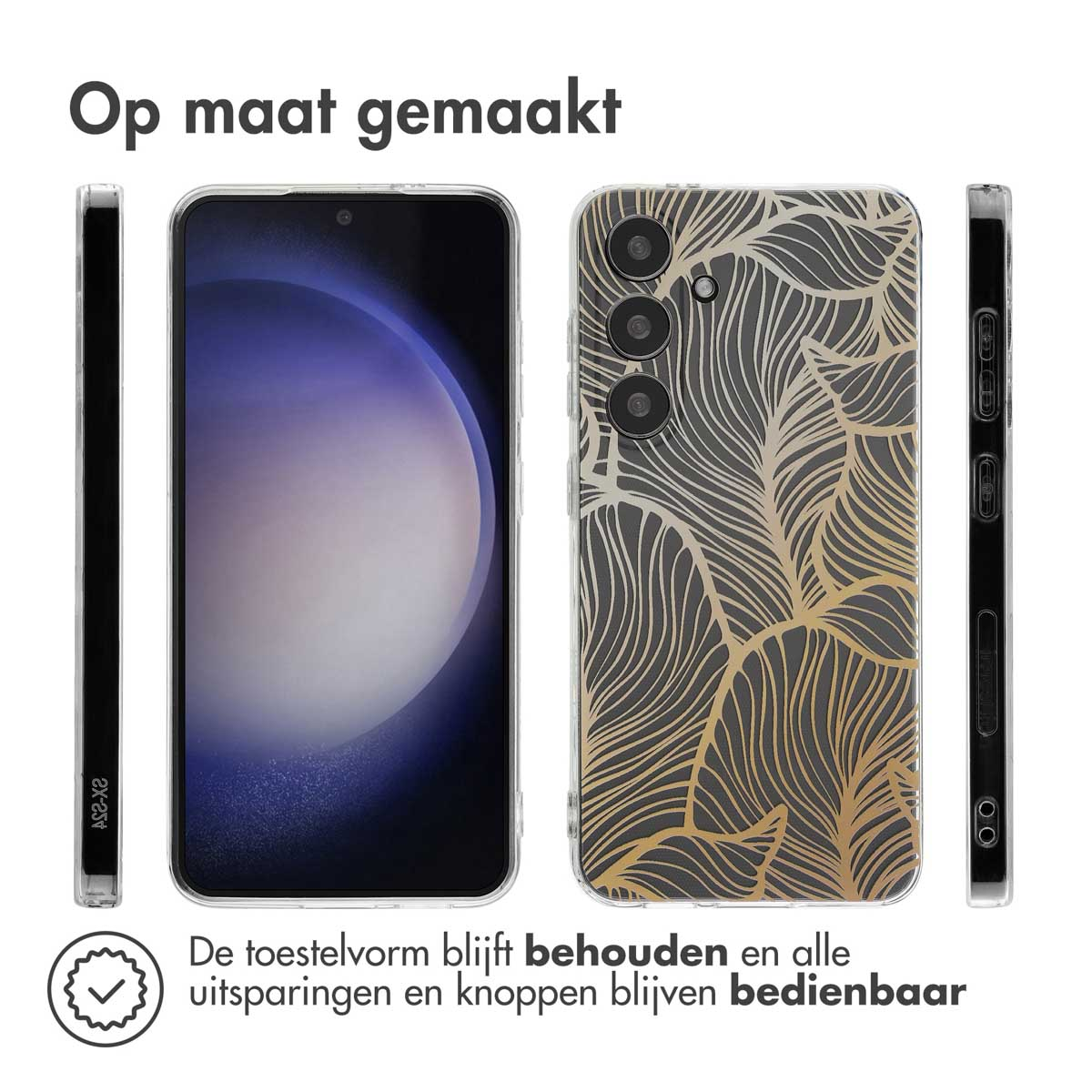 Transparante telefoonhoes met een gouden bladeren ontwerp. Telefoon zit erin. De hoes heeft zwarte randen.