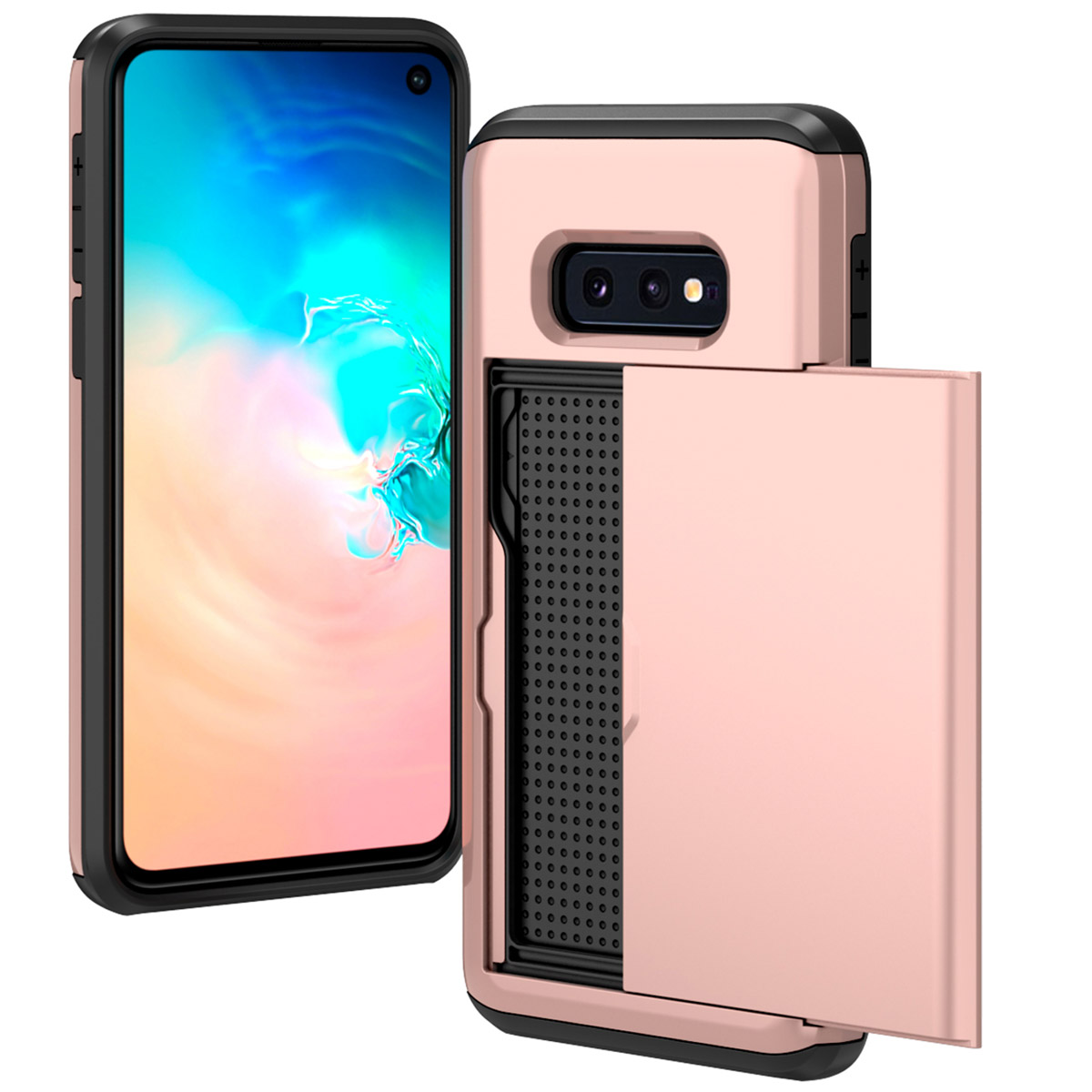 Een roze telefoonhoesje met een schuifdeur. De telefoon staat op een witte achtergrond.