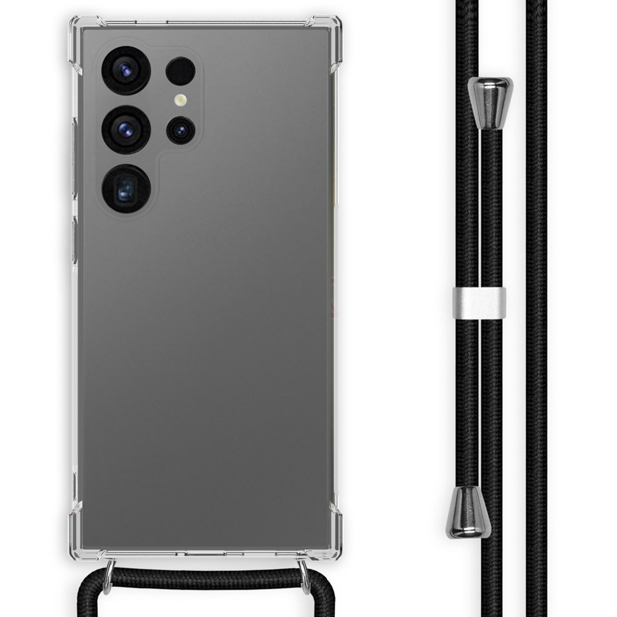 Une coque de téléphone avec cordon noir. L'étui est transparent, le téléphone gris.